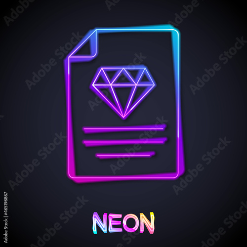 Glowing neon line Certificate of the diamond icon isolated on black background. Vector