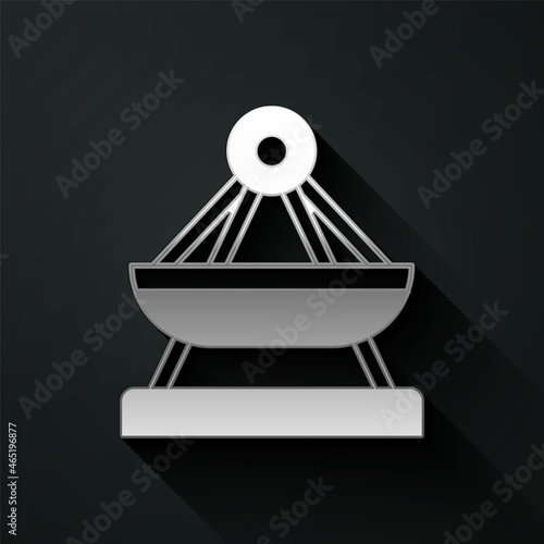 Silver Boat swing icon isolated on black background. Childrens entertainment playground. Attraction riding ship, swinging boat. Amusement park. Long shadow style. Vector