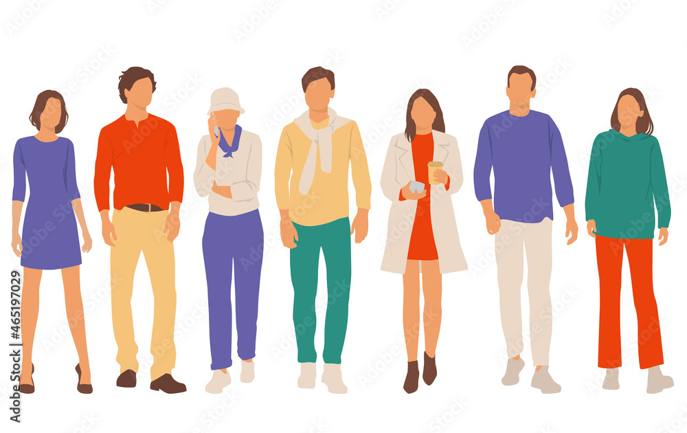 Fototapeta premium Set of young men and women, different colors, cartoon character, group of silhouettes of standing business people, students, the design concept of flat icon, isolated on white background