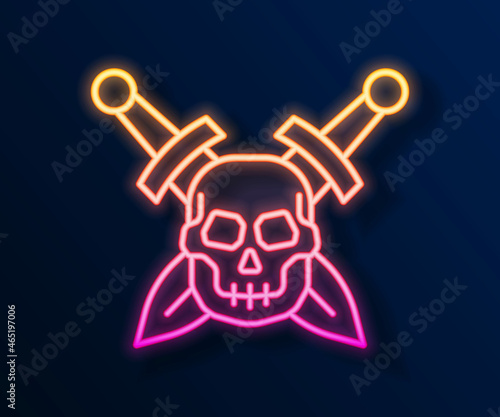 Glowing neon line Crossed medieval sword with skull icon isolated on black background. Medieval weapon. Vector