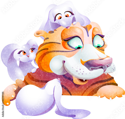Cartoon tiger cuddles with hares. A cartoon rabbit sits on the tiger's head. Imitation of watercolor painting. Isolated on a white background.