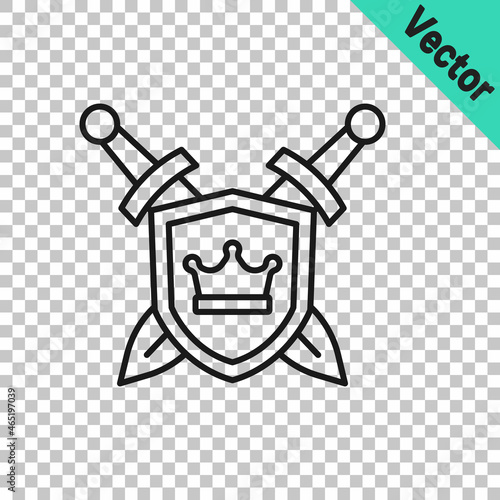 Black line Medieval shield with crossed swords icon isolated on transparent background. Vector