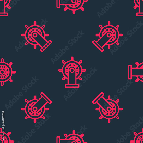 Red line Ship steering wheel icon isolated seamless pattern on black background. Vector