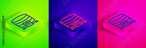Isometric line Cloud database icon isolated on green, blue and pink background. Cloud computing concept. Digital service or app with data transferring. Square button. Vector