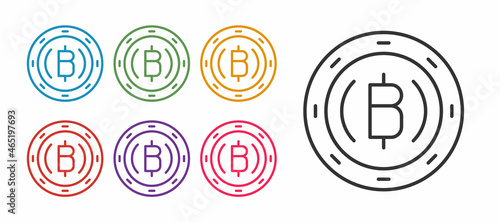 Set line Cryptocurrency coin Bitcoin icon isolated on white background. Physical bit coin. Blockchain based secure crypto currency. Set icons colorful. Vector