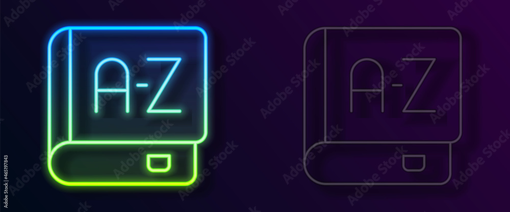 Glowing neon line Translator book icon isolated on black background. Foreign language conversation icons in chat speech bubble. Translating concept. Vector Glowing neon line Translator book icon isolated on black background. Foreign language conversation icons in chat speech bubble. Translating concept. Vector