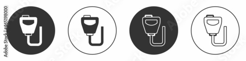 Black Walkie talkie icon isolated on white background. Portable radio transmitter icon. Radio transceiver sign. Circle button. Vector