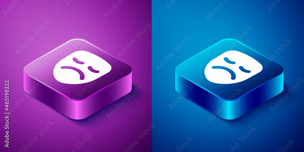 Isometric Drama theatrical mask icon isolated on blue and purple background. Square button. Vector Isometric Drama theatrical mask icon isolated on blue and purple background. Square button. Vector