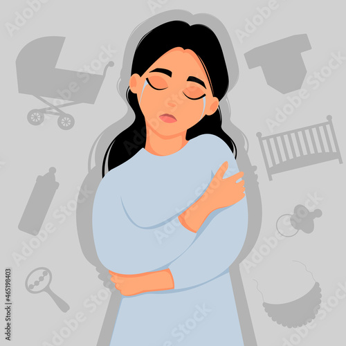 Sad unhappy young woman. Concept of miscarriage, loss of child. Vector illustration in flat style.