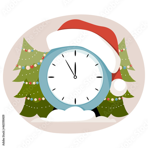 Clock Santa hat and Christmas trees. Happy New Year.