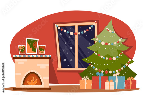 Vector illustration of Christmas living room with window  fireplace   fir tree and gifts.