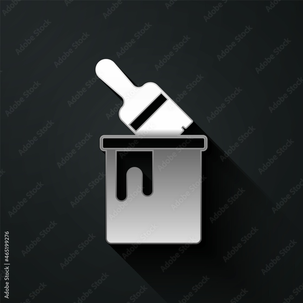 Silver Paint bucket with brush icon isolated on black background. Long shadow style. Vector Silver Paint bucket with brush icon isolated on black background. Long shadow style. Vector
