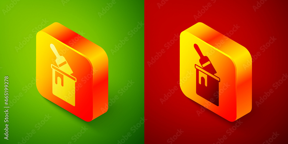 Isometric Paint bucket with brush icon isolated on green and red background. Square button. Vector Isometric Paint bucket with brush icon isolated on green and red background. Square button. Vector