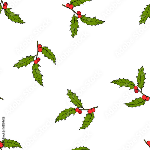 Christmas seamless pattern with holly branch