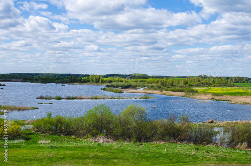 Beautiful view of the lake from the tower. The lake was formed as a result of the flooding of a peat bog