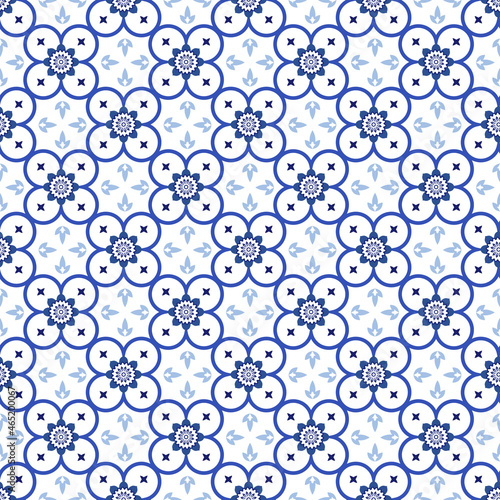 Azulejos portuguese traditional ornamental tile, blue and white seamless pattern