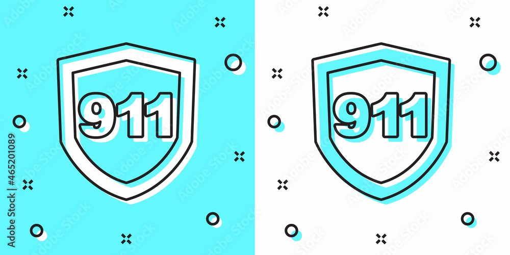 Black line Telephone with emergency call 911 icon isolated on green and white background. Police, ambulance, fire department, call, phone. Random dynamic shapes. Vector Black line Telephone with emergency call 911 icon isolated on green and white background. Police, ambulance, fire department, call, phone. Random dynamic shapes. Vector