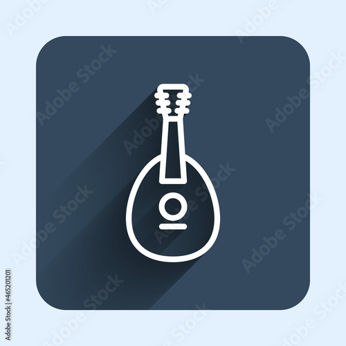 White line Traditional musical instrument mandolin icon isolated with long shadow background. Blue square button. Vector