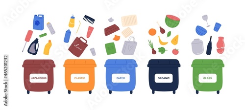 Set of trash containers of different colors for sorting garbage. Separating rubbish concept. Dumpsters for plastic, glass, and organic wastes. Flat vector illustration isolated on white background
