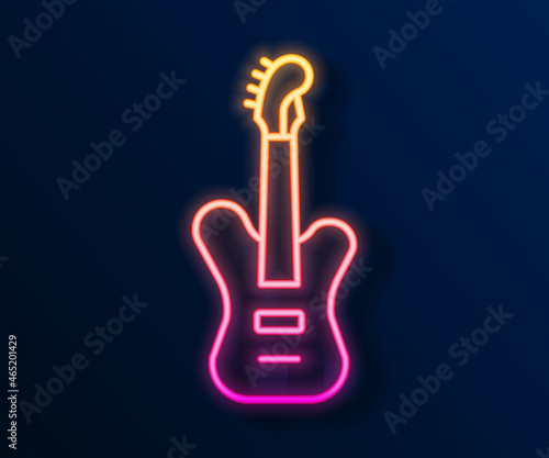 Glowing neon line Electric bass guitar icon isolated on black background. Vector