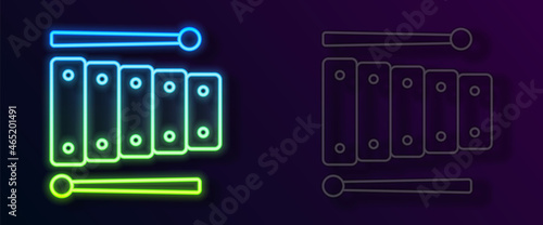 Glowing neon line Xylophone - musical instrument with thirteen wooden bars and two percussion mallets icon isolated on black background. Vector