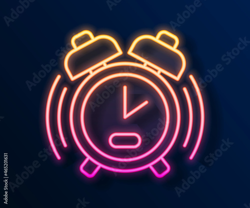 Glowing neon line Alarm clock icon isolated on black background. Wake up, get up concept. Time sign. Vector