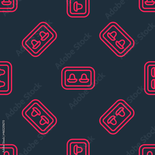 Red line Earplugs with storage box icon isolated seamless pattern on black background. Ear plug sign. Noise symbol. Sleeping quality concept. Vector