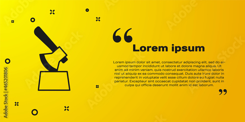 Black Wooden axe in stump icon isolated on yellow background. Lumberjack axe. Axe stuck in wood. Chopping wood. Vector