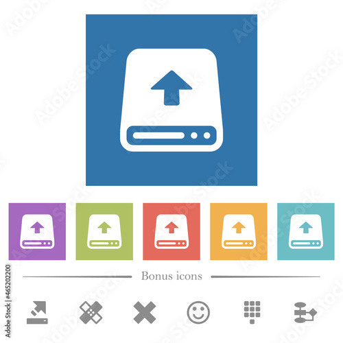 Upload from hard disk flat white icons in square backgrounds