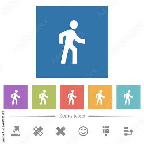 Man walking right flat white icons in square backgrounds