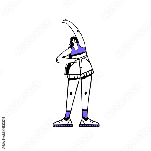 Woman doing morning physical exercise, bending her body and stretching her arm and shoulder. Person at daily workout, warmup. Female training. Flat vector illustration isolated on white background