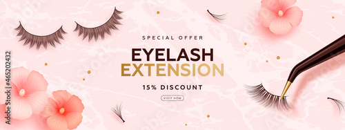 Discount horizontal banner with realistic false lashes, lash extension tools and flowers on pink background. Vector illustration