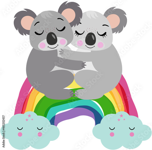 Couple of koalas hugging on rainbow
