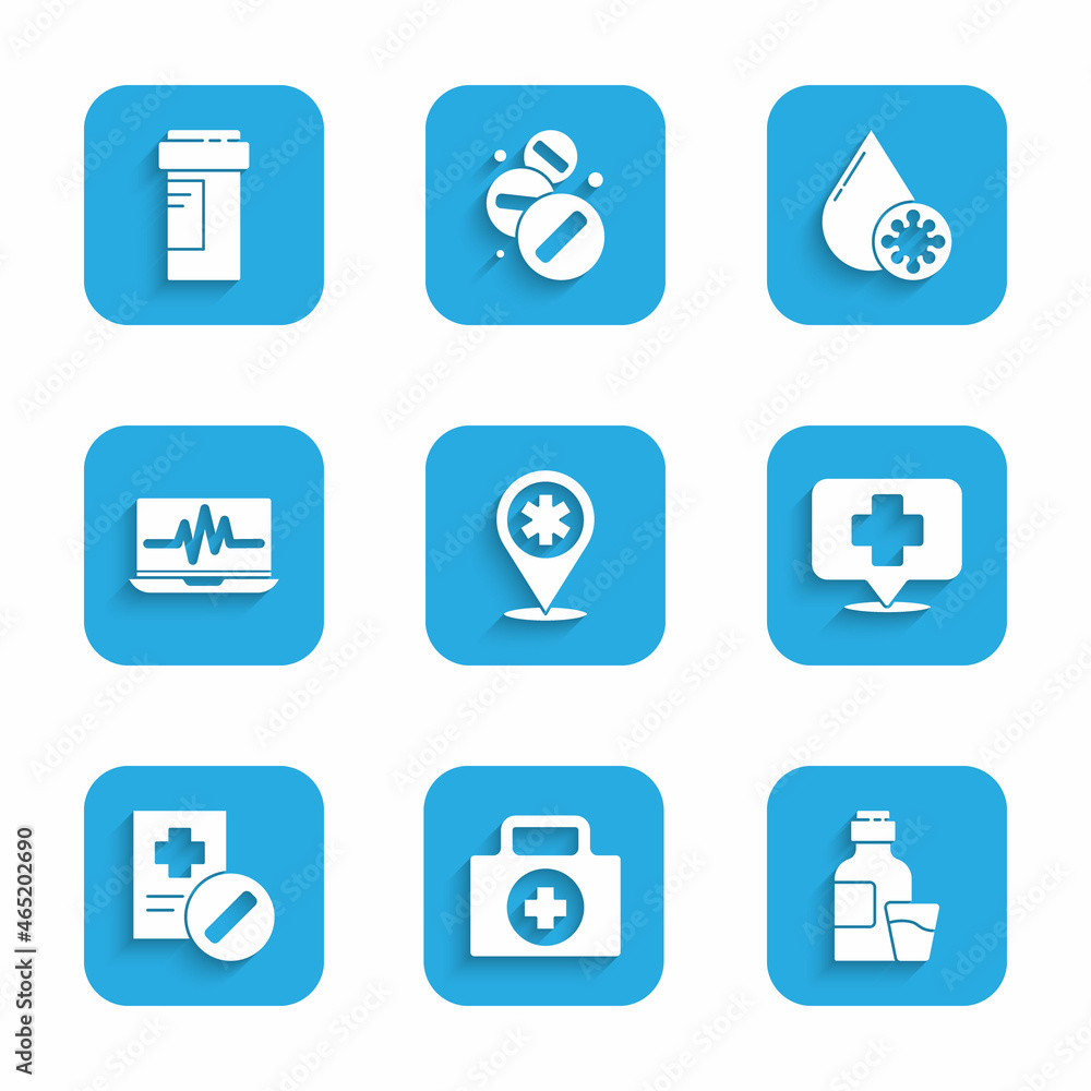 Set Map pointer with cross hospital, First aid kit, Bottle of medicine syrup, Medical prescription, Laptop cardiogram, Blood test and virus and Medicine bottle icon. Vector Set Map pointer with cross hospital, First aid kit, Bottle of medicine syrup, Medical prescription, Laptop cardiogram, Blood test and virus and Medicine bottle icon. Vector