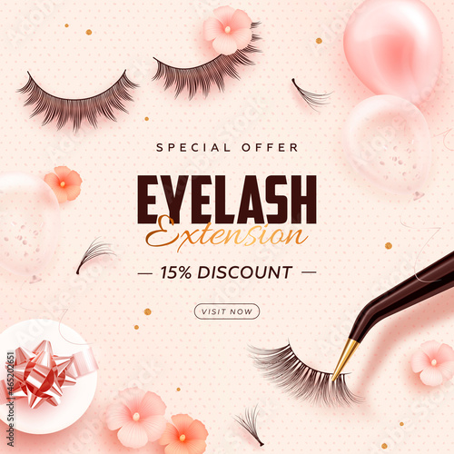 Discount square web banner with realistic false lashes, lash extension tools, balloons and flowers on pink background. Vector illustration