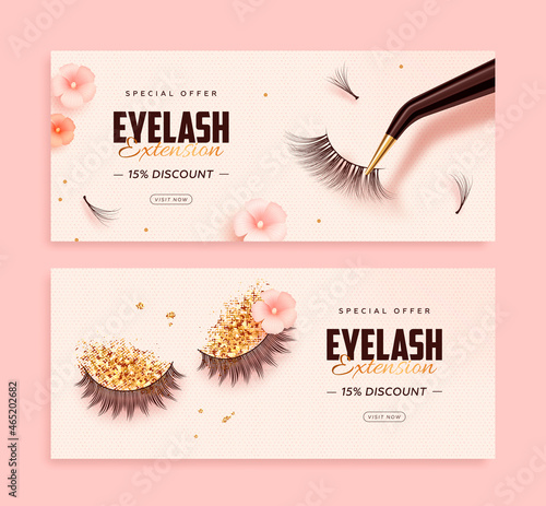 Set of discount horizontal banner with realistic false lashes, lash extension tools and flowers on pink background. Vector illustration