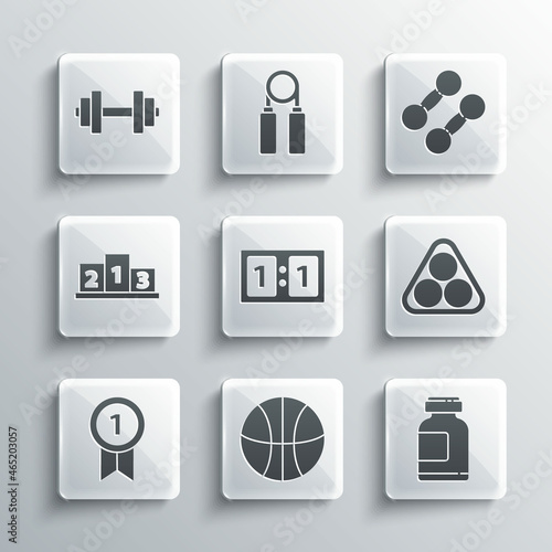 Set Basketball ball, Sports nutrition, Billiard balls in rack triangle, mechanical scoreboard, Medal, Award over sports winner podium, Dumbbell and icon. Vector