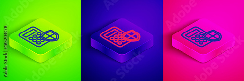 Isometric line Security system control panel with display icon isolated on green, blue and pink background. Keypad of security system for entering inside. Square button. Vector