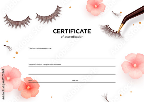 Diploma eyelash extensions. Makeup certificate template. Beauty school or refresher courses for beautician. Vector illustration