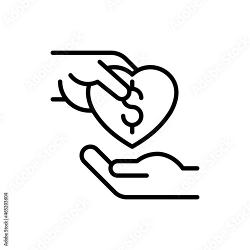 Interclass tolerance thin line icon: one hand donates to other. Symbol of charity for destitute. Modern vector illustration.