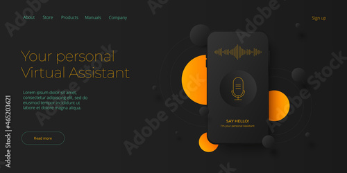 Personal virtual assistant concept in isometric vector illustration. IVA sofware agent or online chatbot app in cellular smartphone. Web banner layout template.
