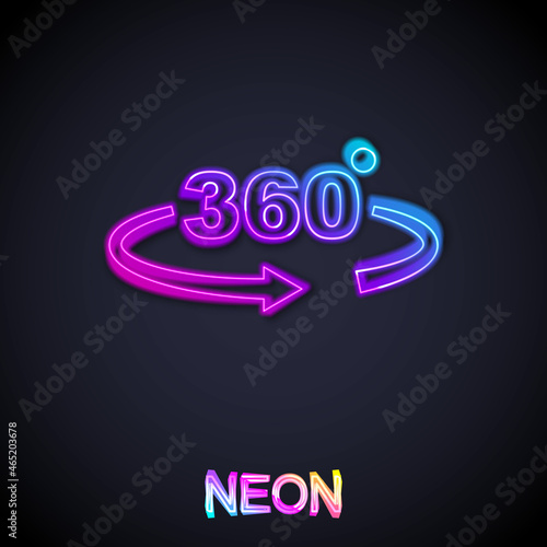 Glowing neon line 360 degree view icon isolated on black background. Virtual reality. Angle 360 degree camera. Panorama photo. Vector