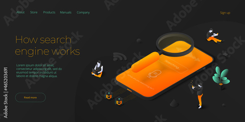 SEO development isometric vector illustration. Website or webpage development concept. Search engine optimization for business purposes.