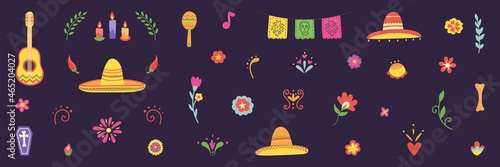 Dia de los Muertos unique hand drawn design elements. Mexico culture Holiday poster. Day of the Dead mexican icons big set. Cinco de Mayo. Death pattern. Embroidery banner. Vector illustration