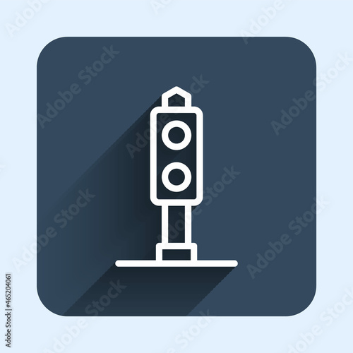 White line Train traffic light icon isolated with long shadow background. Traffic lights for the railway to regulate the movement of trains. Blue square button. Vector