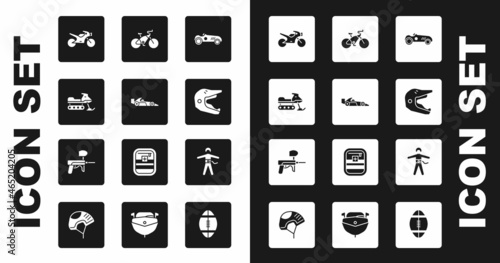 Set Vintage sport racing car, Formula 1, Snowmobile, Motorcycle, Motocross motorcycle helmet, Bicycle, Bungee jumping and Paintball gun icon. Vector
