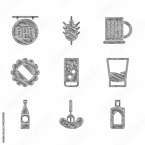 Set Effervescent tablets in water, Pickled cucumber on fork, Whiskey bottle, Glass of vodka, Beer, Bottle cap, Wooden beer mug and Street signboard with Bar icon. Vector