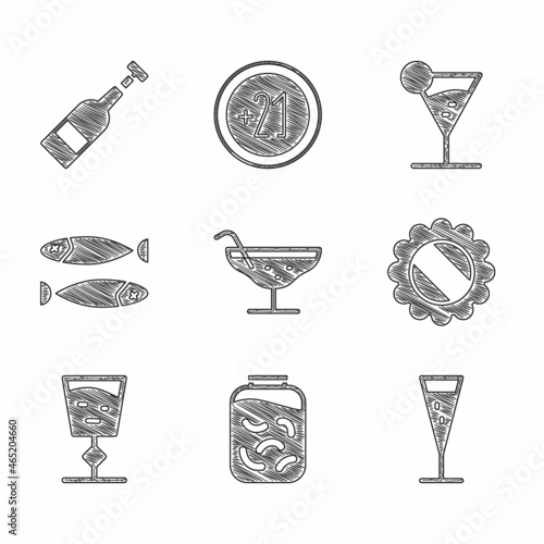 Set Cocktail, Pickled cucumbers in jar, Glass of champagne, Bottle cap, Wine glass, Dried fish, Martini and Opened bottle wine icon. Vector