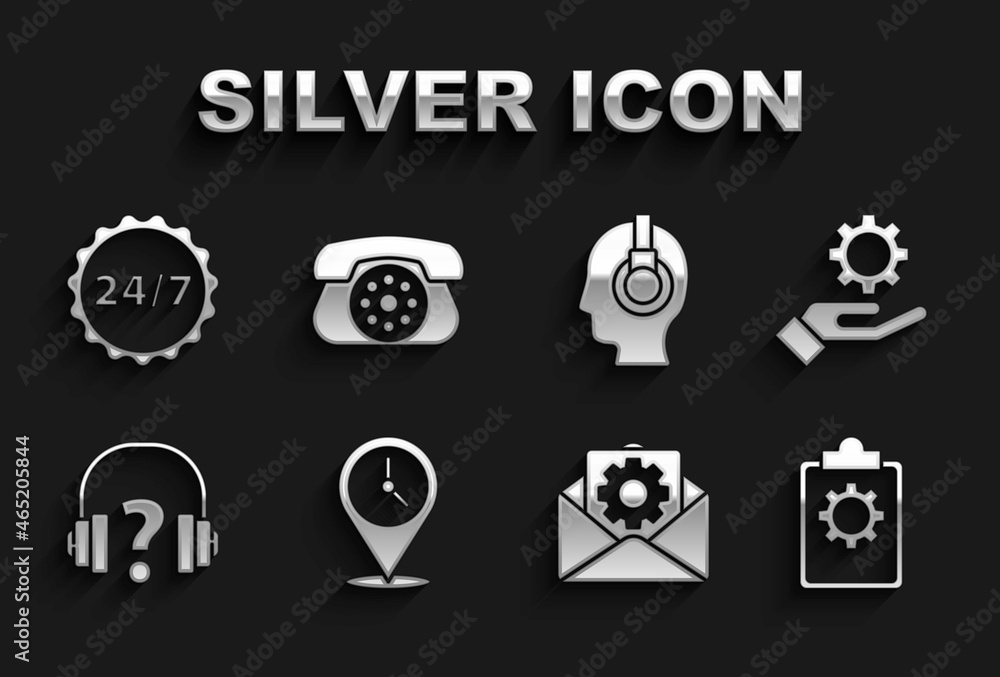 Set Location with clock, Settings in the hand, Checklist 24 hours service, Envelope setting, Headphones, Support operator touch, Clock and Telephone icon. Vector Set Location with clock, Settings in the hand, Checklist 24 hours service, Envelope setting, Headphones, Support operator touch, Clock and Telephone icon. Vector