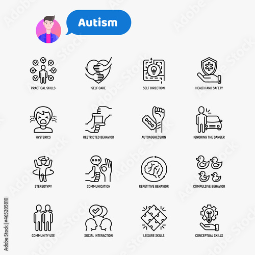 Autism symptoms and adaptive skills thin line icons set: repetitive behavior, stereotypy, ignoring of danger, autoaggression, hysterics, communication, social interaction. Modern vector illustration.